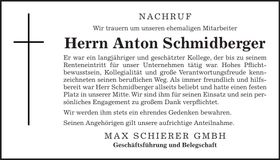 Traueranzeige Anton Schmidberger