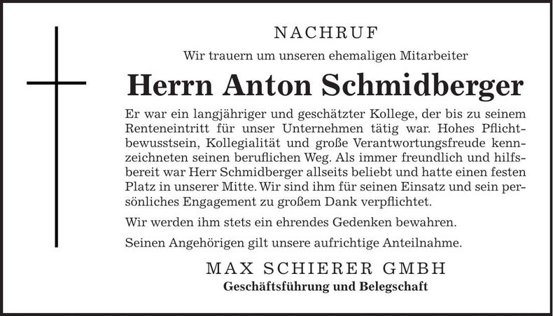 Traueranzeige Anton Schmidberger