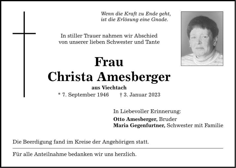 Traueranzeige Christa Amesberger