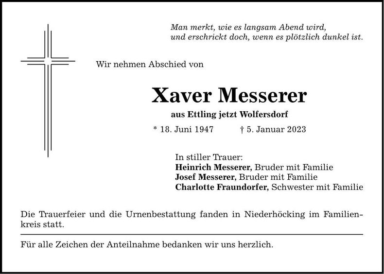 Traueranzeige Xaver Messerer