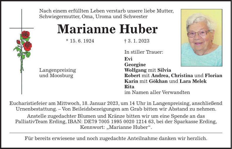 Traueranzeige Marianne Huber