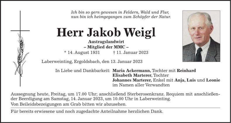 Traueranzeige Jakob Weigl