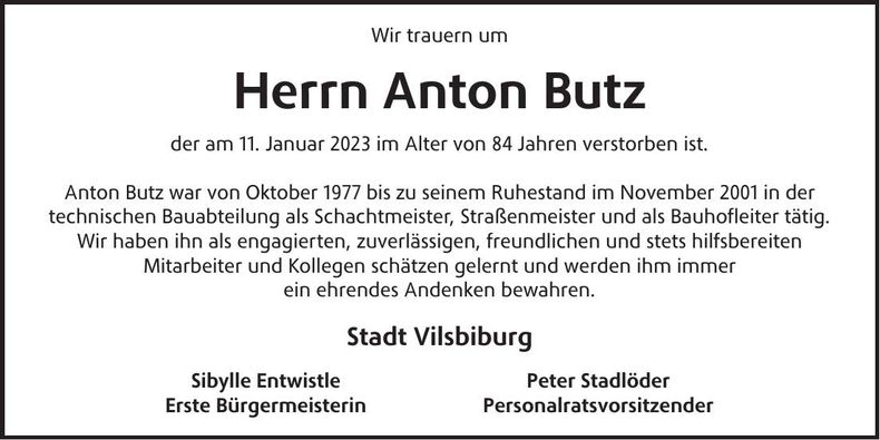 Traueranzeige Anton Butz