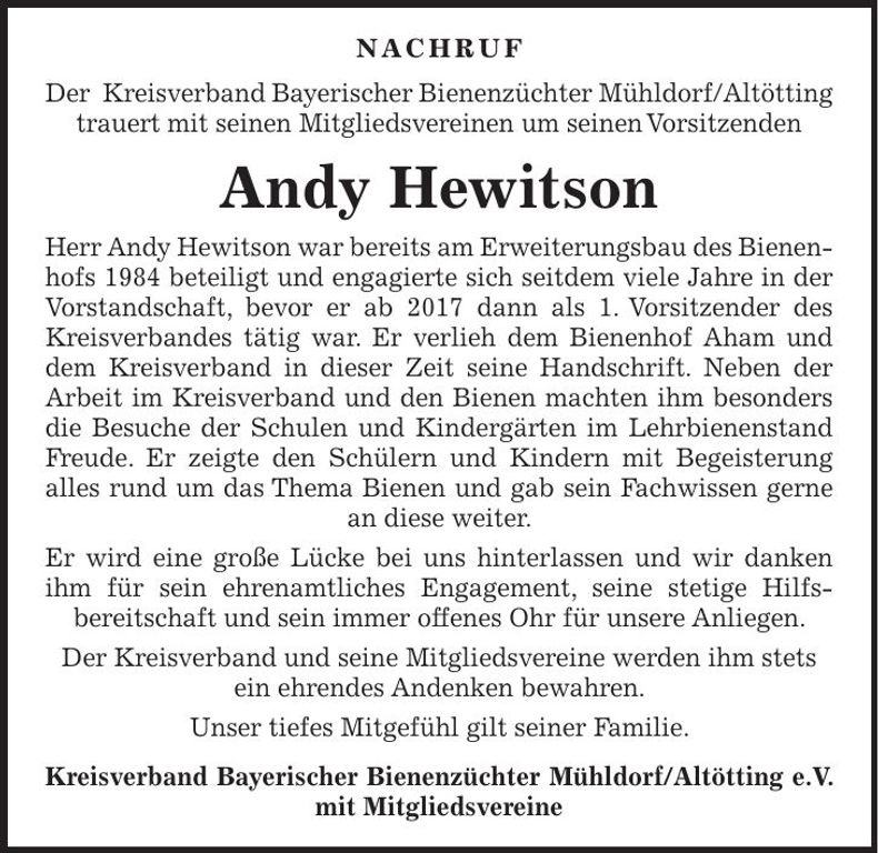 Traueranzeige Andy Hewitson
