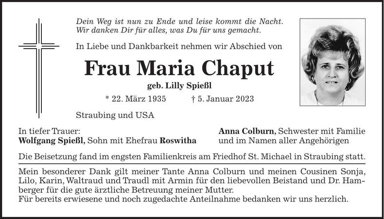 Traueranzeige Maria Chaput