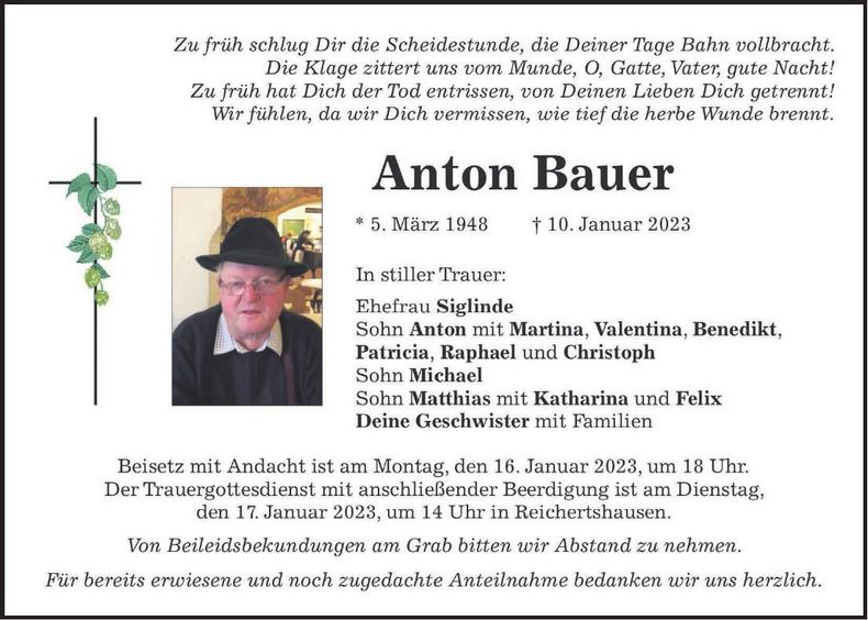 Traueranzeige Anton Bauer