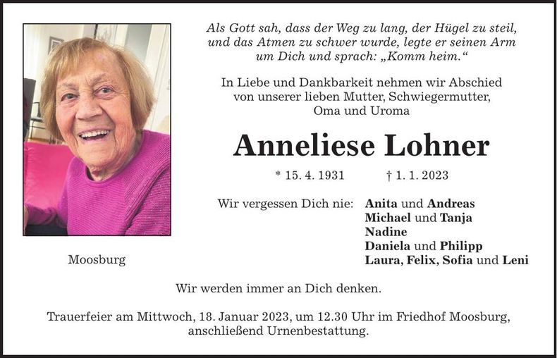 Traueranzeige Anneliese Lohner
