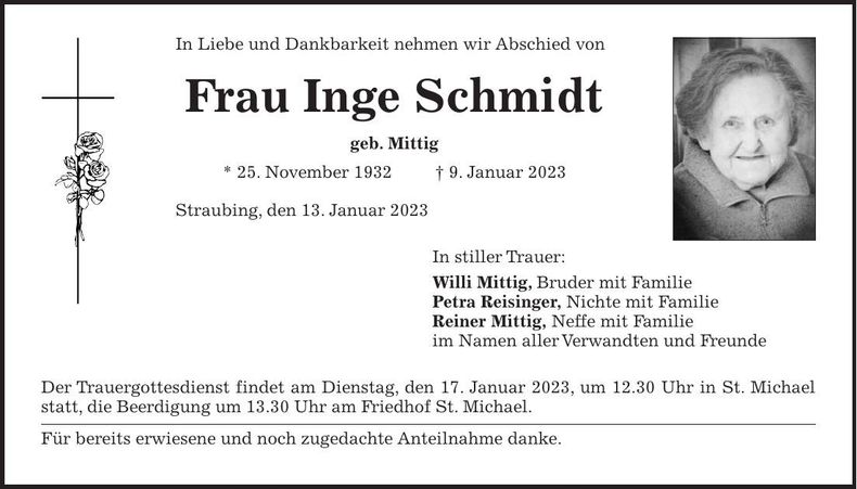 Traueranzeige Inge Schmidt
