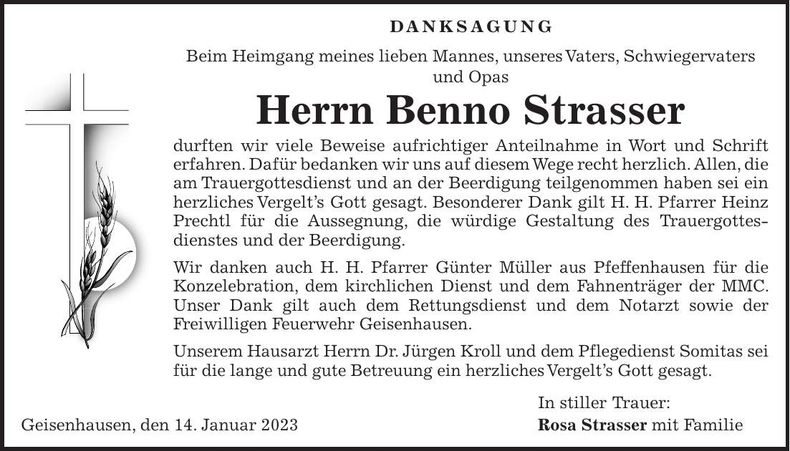 Traueranzeige Benno Strasser