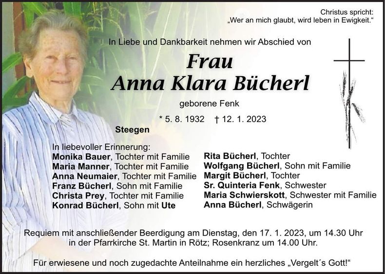 Traueranzeige Anna Klara Bücherl