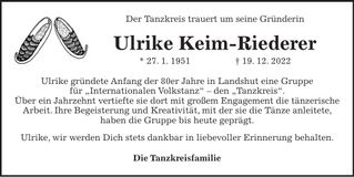 Traueranzeige Ulrike Keim-Riederer