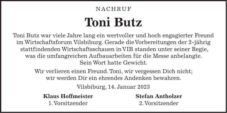 Traueranzeige Anton Butz