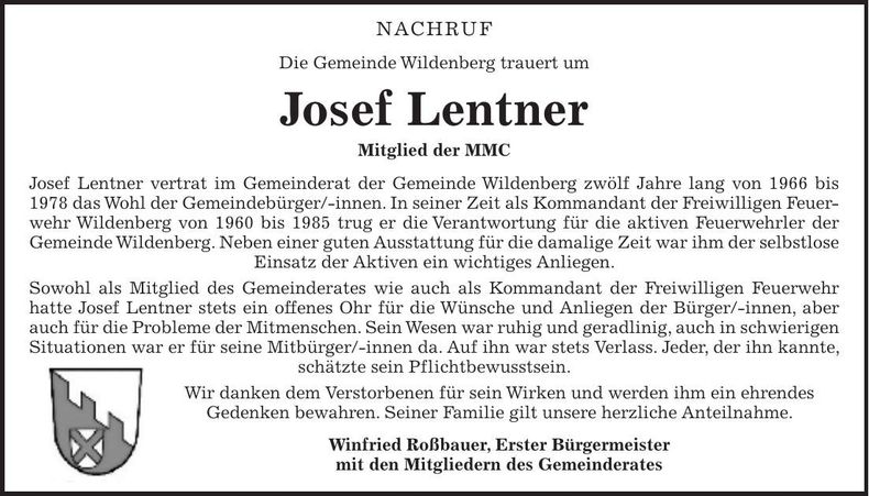 Traueranzeige Josef Lentner