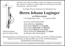 Traueranzeige Johann Luginger