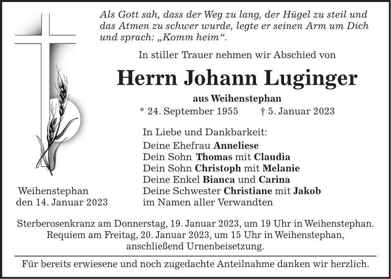 Traueranzeige Johann Luginger