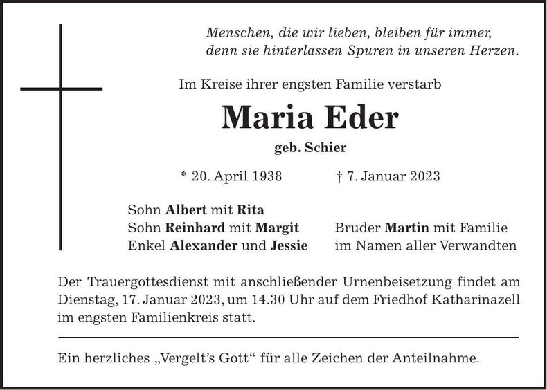Traueranzeige Maria Eder
