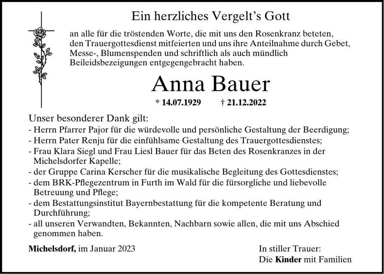Traueranzeige Anna Bauer