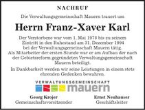Traueranzeige Franz-Xaver Karl