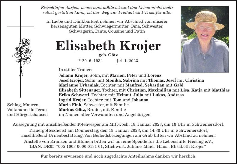Traueranzeige Elisabeth Krojer