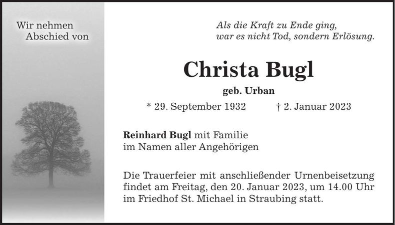 Traueranzeige Christa Bugl