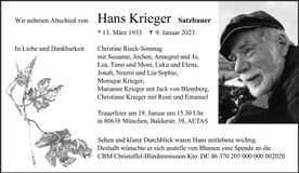 Traueranzeige Hans Krieger