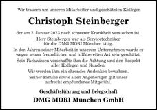 Traueranzeige Christoph Steinberger