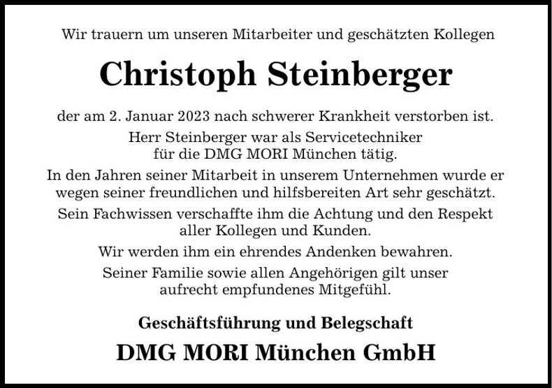 Traueranzeige Christoph Steinberger