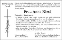 Traueranzeige Ann Niesl