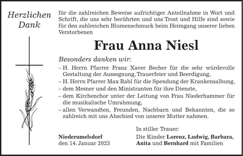 Traueranzeige Ann Niesl