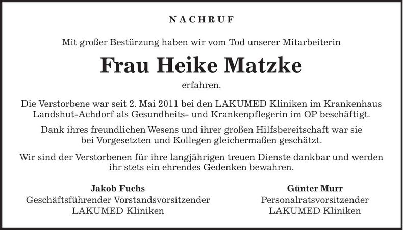 Traueranzeige Heike Matzke