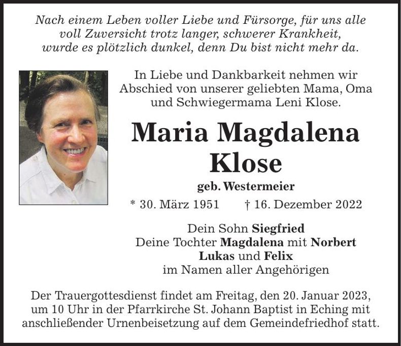 Traueranzeige Maria Magdalena Klose