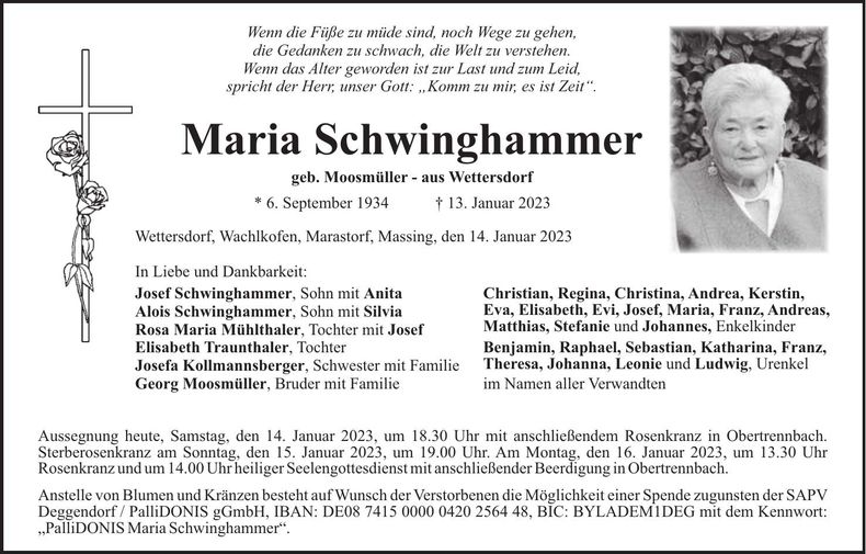 Traueranzeige Maria Schwinghammer