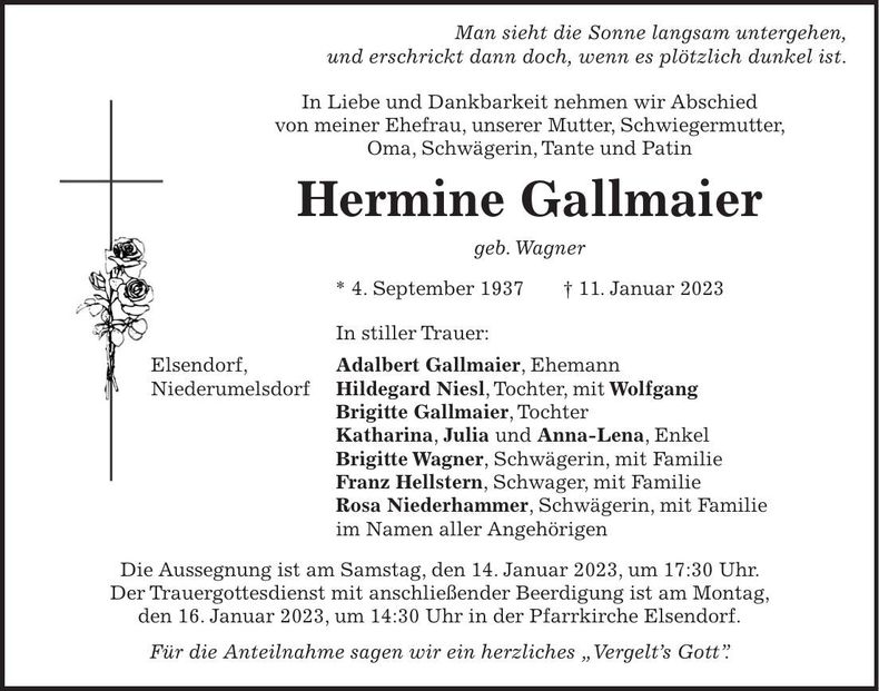 Traueranzeige Hermine Gallmaier