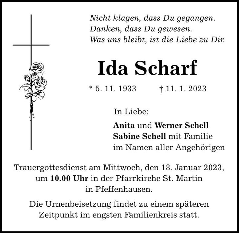 Traueranzeige Ida Scharf