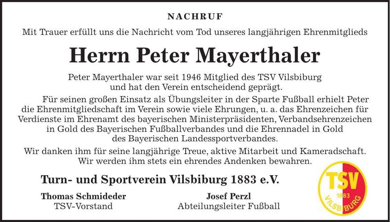 Traueranzeige Peter Mayerthaler