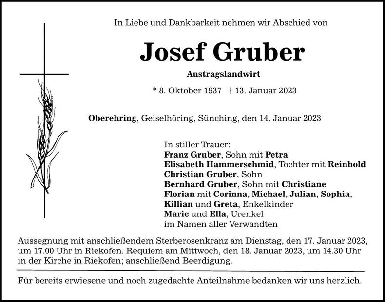 Traueranzeige Josef Gruber