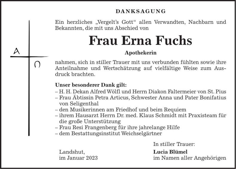 Traueranzeige Erna Fuchs