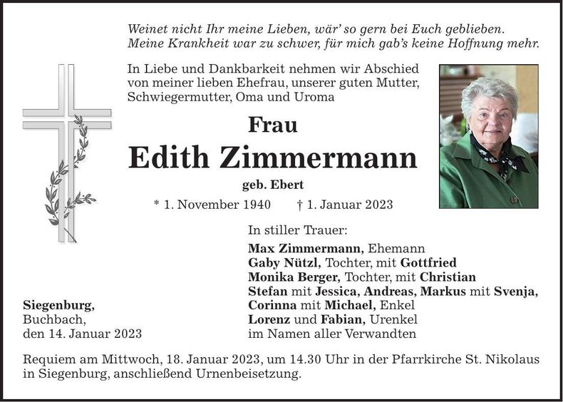 Traueranzeige Edith Zimmermann