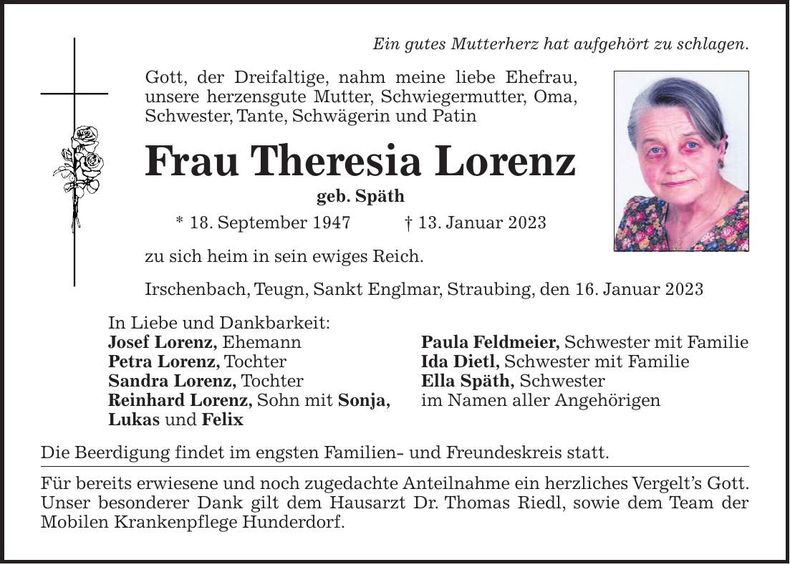 Traueranzeige Theresia Lorenz