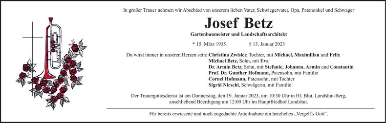 Traueranzeige Josef Betz
