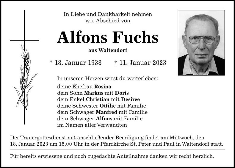 Traueranzeige Alfons Fuchs