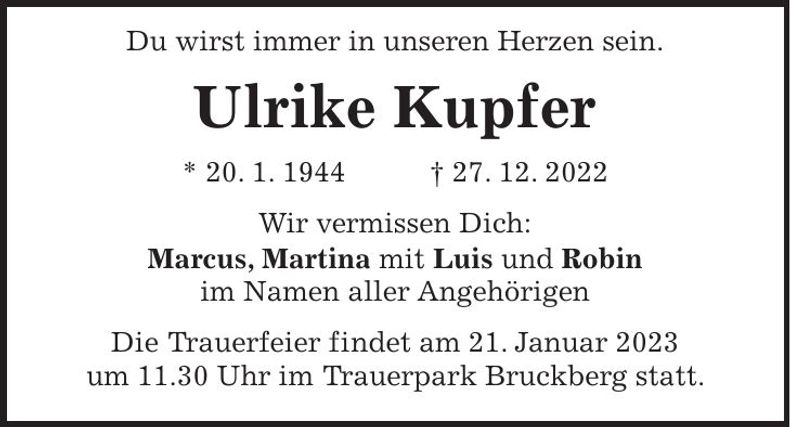 Traueranzeige Ulrike Kupfer