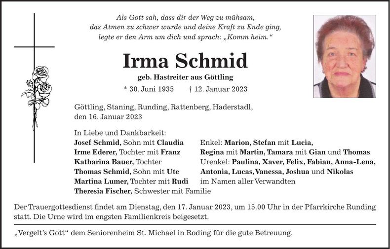 Traueranzeige Irma Schmid