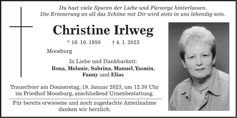 Traueranzeige Christine Irlweg