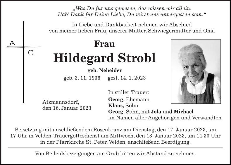 Traueranzeige Hildegard Strobl