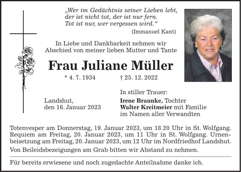 Traueranzeige Juliane Müller