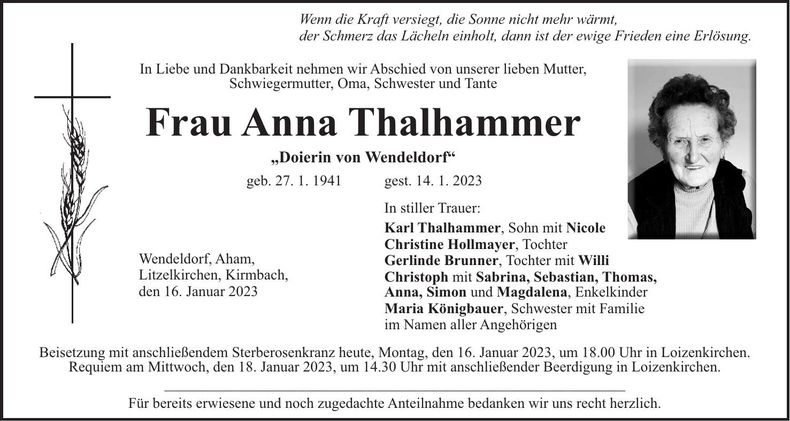 Traueranzeige Anna Thalhammer