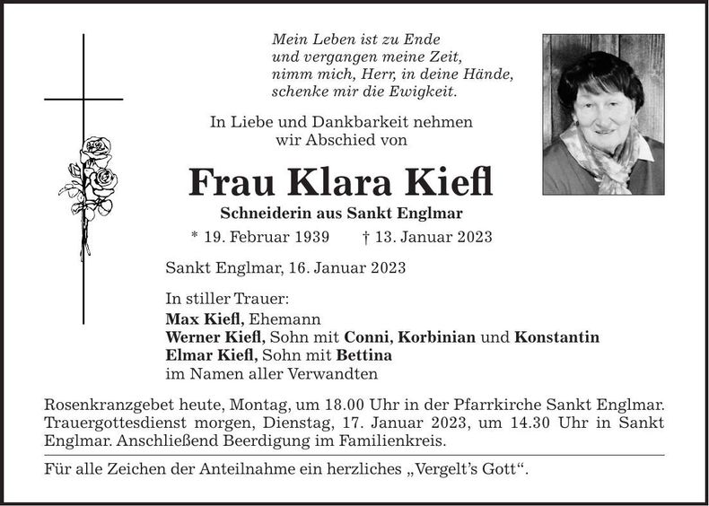 Traueranzeige Klara Kiefl