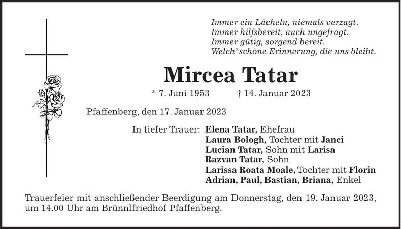Traueranzeige Mircea Tatar