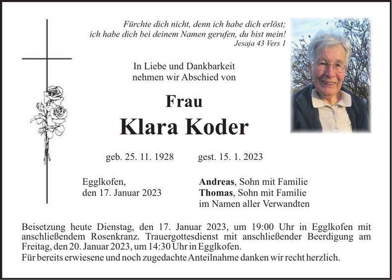Traueranzeige Klara Koder
